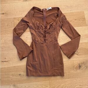 Mistress Rocks - Long Sleeve Corset Mini Dress in Walnut Brown